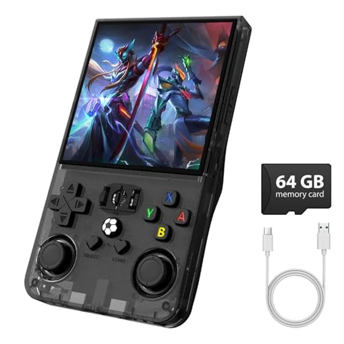 R36MAX Retro Gaming Console, Retro Handheld Games Console with 64GB TF Card, Portable Hand Held Open Source Linux System, 4.0 inch IPS HD Screen Video Game Consoles, 4000mAh Battery (Black) by WDYQJE - Used - Like New condition - US$59.69
