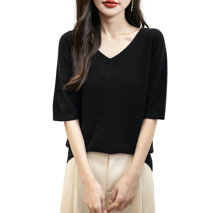 Chanyarn Women's V-Neck 100% Merino Wool Spring Fall Winter First-Line Ready to Wear Seamless Soft Warm Knit Shirt Pullover Short Sleeve Sweater (Black,S) by Chanyarn - Used - Like New condition