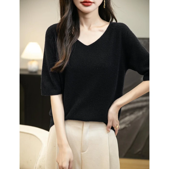 Chanyarn Women's V-Neck 100% Merino Wool Spring Fall Winter First-Line Ready to Wear Seamless Soft Warm Knit Shirt Pullover Short Sleeve Sweater (Black,S) by Chanyarn - Image 3