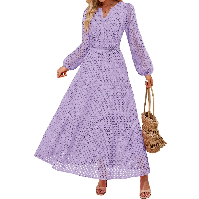 ZESICA Women's 2026 Spring Long Sleeve Maxi Dress V Neck Hollow Out Eyelet A Line Long Flowy Casual Party Dresses Lightpurple Medium by ZESICA - Used - Like New condition - US$38.21