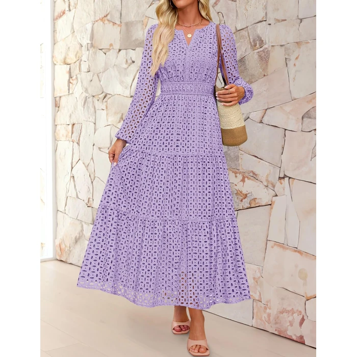 ZESICA Women's 2026 Spring Long Sleeve Maxi Dress V Neck Hollow Out Eyelet A Line Long Flowy Casual Party Dresses Lightpurple Medium by ZESICA - Image 2