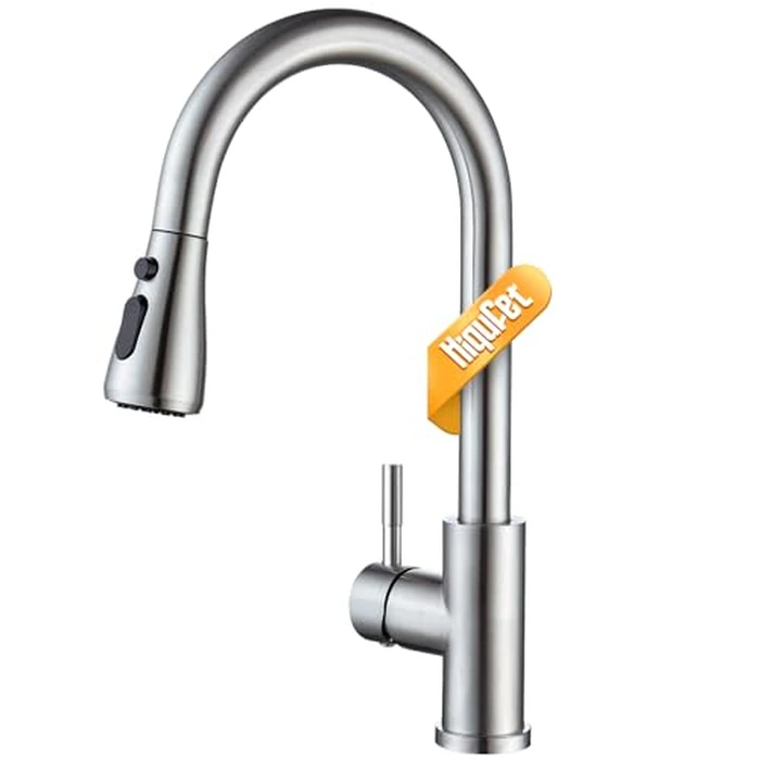 Hiqufet Kitchen Faucet with Pull Down Sprayer, Single Handle High Arc Kitchen Sink Faucet, Lead-Free Stainless Steel Modern Rv Bar Sink Faucets (Brushed Nickel) by Hiqufet - Used - Very Good condition