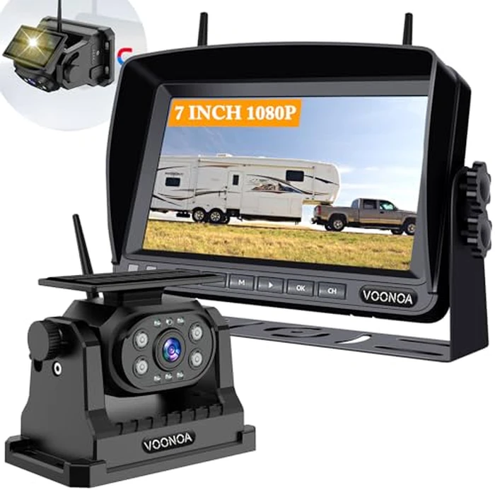 Wireless Magnetic Backup Camera, 15000mAh Battery Powered Rechargeable Waterproof HD Solar Back Up Rear View Bluetooth Hitch Camera with 7 Inch 1080P Monitor System for Car Truck Trailer RV VN003 by VOONOA - Used - Like New condition - US$117.88