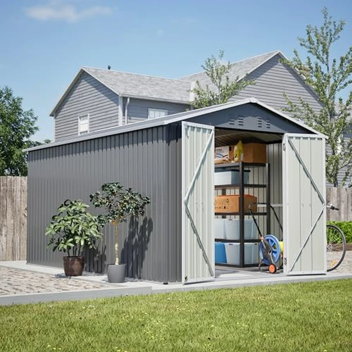 YOPTO 8x12 FT Metal Outdoor Storage Shed,Garden Shed W/ 2 Reversible Lockable Doors & Updated Frame Structure,Outdoor Backyard Tool House W/ 4 Air Vents & Sloped Roof,for Patio,Lawn,Grey by YOPTO - Image 1