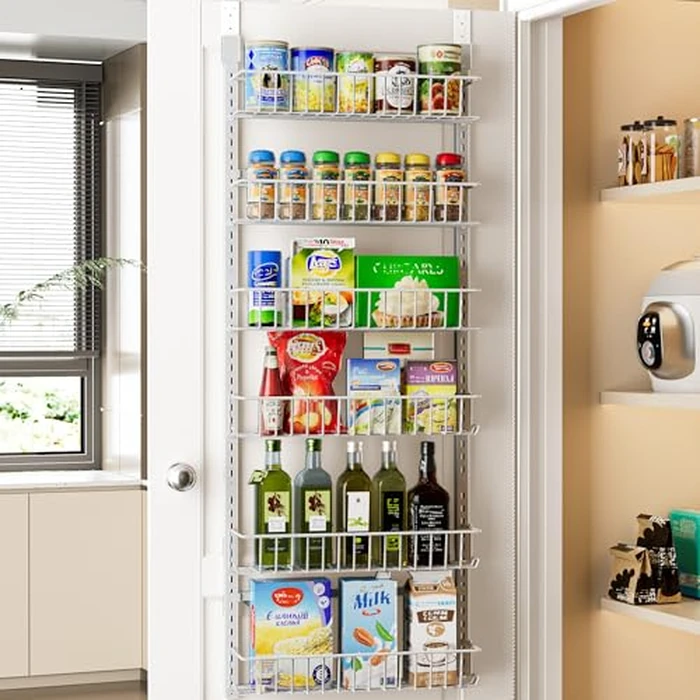 Delamu Adjustable Cabinet Door Organizer, 6-Tier Hanging Spice Rack Organizer, Metal Over the Door Pantry Organizer and Storage Shelves for Kitchen Bathroom Laundry Room, White, 6-Tier Medium by Delamu - Used - Acceptable condition - CA$29.71