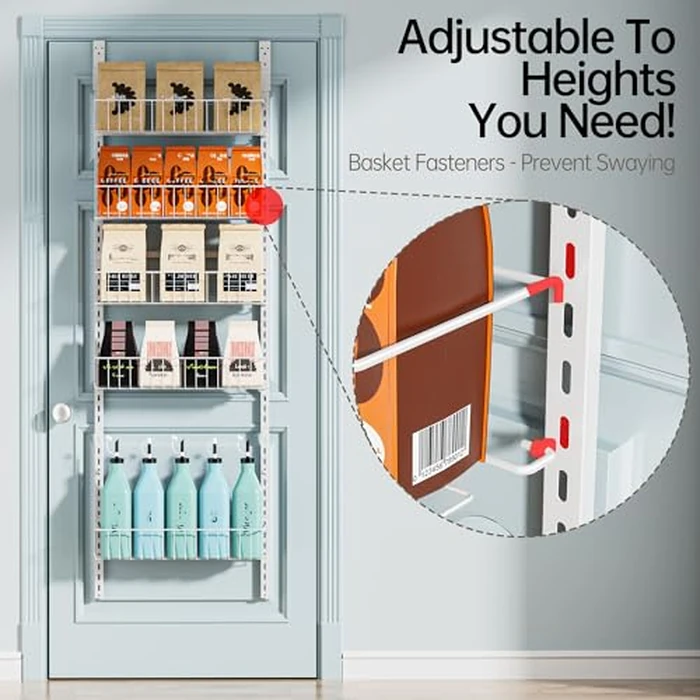 Delamu Adjustable Cabinet Door Organizer, 6-Tier Hanging Spice Rack Organizer, Metal Over the Door Pantry Organizer and Storage Shelves for Kitchen Bathroom Laundry Room, White, 6-Tier Medium by Delamu - Image 2