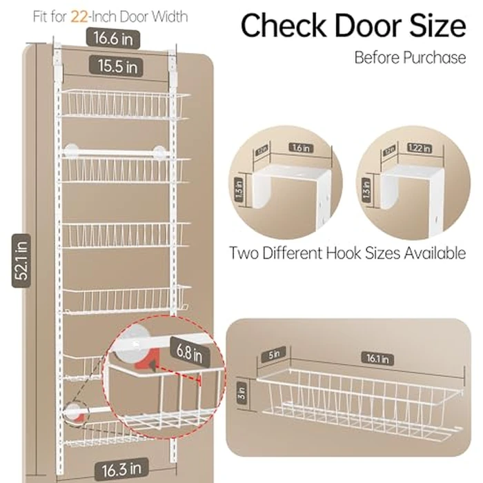 Delamu Adjustable Cabinet Door Organizer, 6-Tier Hanging Spice Rack Organizer, Metal Over the Door Pantry Organizer and Storage Shelves for Kitchen Bathroom Laundry Room, White, 6-Tier Medium by Delamu - Image 7