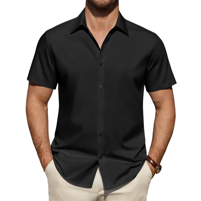 Lusead Black Short Sleeve Dress Shirt Men Stretch Stain Shield Button Down Shirts Wrinkle Free Business Casual Tops Office M by Lusead - Used - Very Good condition