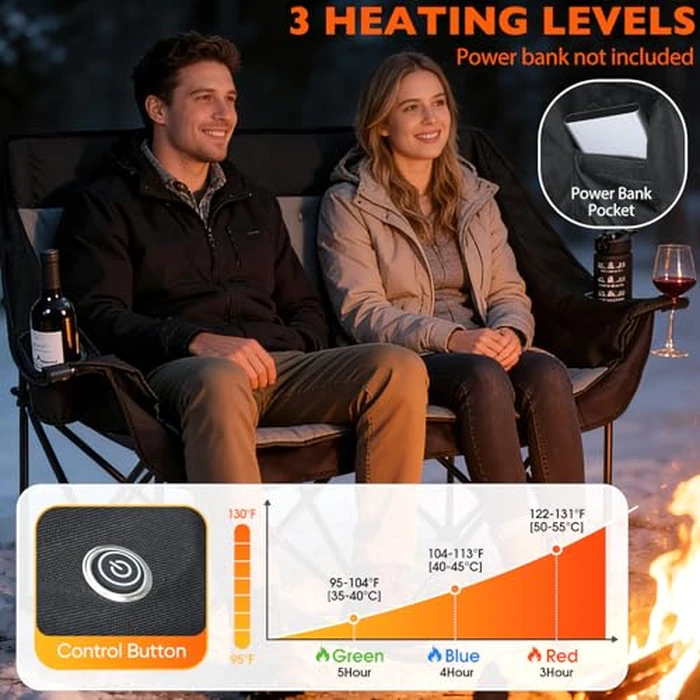Bolosy Heated Double Camping Chair Heated Camping Chair 4 Heating Zones Heated Chair Outdoor Sport Heated Folding Chair for Adults (Battery Not Included) by Bolosy - Image 4