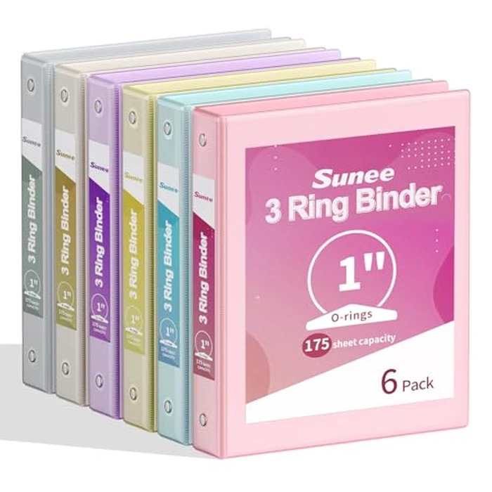 SUNEE 1 Inch Binders 3 Ring 6 Pack, Clear View Three Ring Binders PVC-Free (Fit 8.5x11 Inches) for School or Office Supplies, Pastel Binder by SUNEE - Image 1