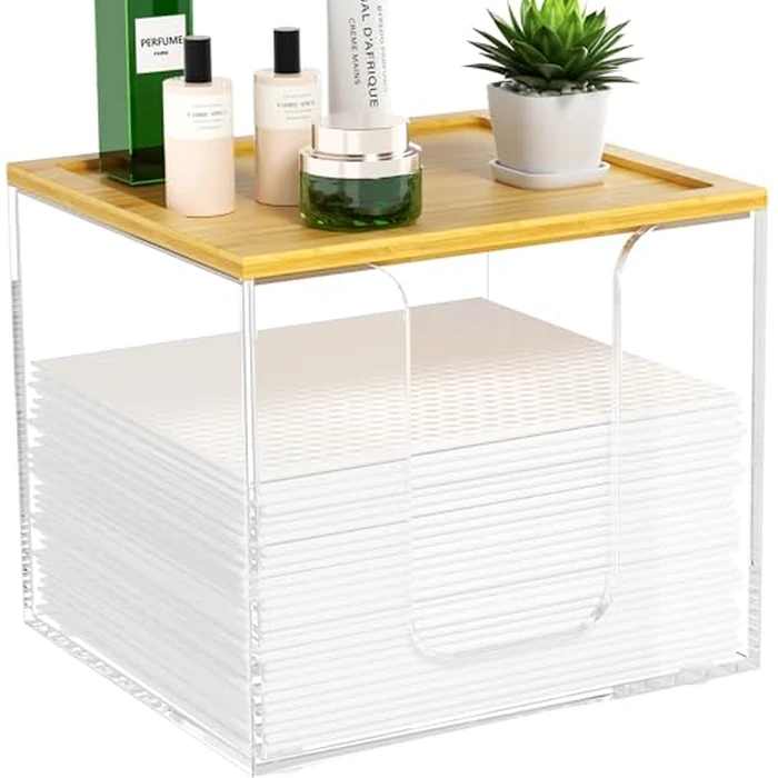 VITVITI Disposable Face Towel Holder Box, Acrylic Facial Towel Container for XL Clean Skin Club, Large Disposable Face Towels Storage with Bamboo Lid, for Bathroom, Vanity Makeup, Clear by VITVITI - Used - Like New condition - US$18.34