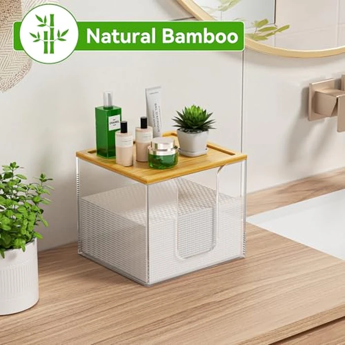 VITVITI Disposable Face Towel Holder Box, Acrylic Facial Towel Container for XL Clean Skin Club, Large Disposable Face Towels Storage with Bamboo Lid, for Bathroom, Vanity Makeup, Clear by VITVITI - Image 3
