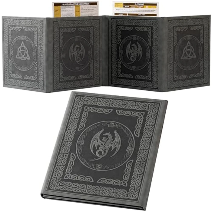 Soar Forge DM Screen for DND with 4 Wider Panels - Crystal Clear GM Pockets - Embossed Faux Leather Dungeon Master Screen with Celtic Knot & Dragon Design for D&D 5e & More by Soar Forge - Image 1