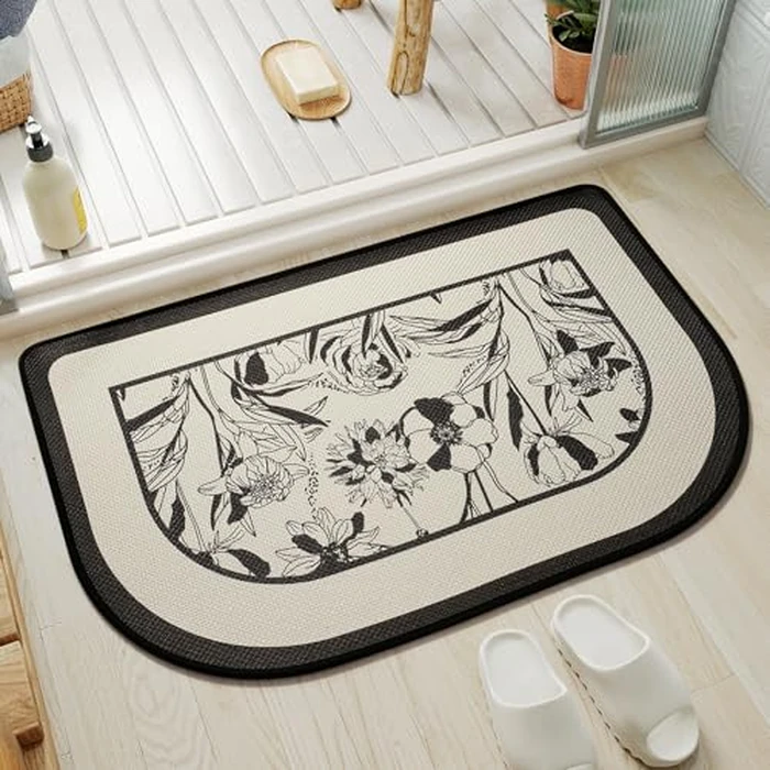 Half Circle Bath Mat, Thin Bathroom Rugs Fit Under Door Quick Dry Non Slip Washable Bathroom Mat with Rubber Backing, Absorbent Half Round Shower Rug, Beige Black 20x31 by YDKGL - Used - Like New condition - CA$22.06