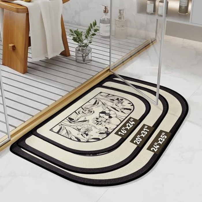 Half Circle Bath Mat, Thin Bathroom Rugs Fit Under Door Quick Dry Non Slip Washable Bathroom Mat with Rubber Backing, Absorbent Half Round Shower Rug, Beige Black 20x31 by YDKGL - Image 2