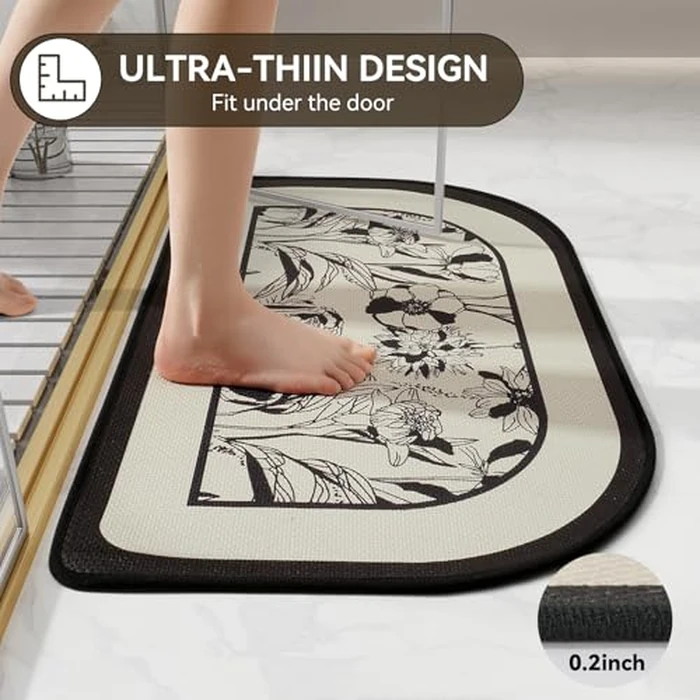 Half Circle Bath Mat, Thin Bathroom Rugs Fit Under Door Quick Dry Non Slip Washable Bathroom Mat with Rubber Backing, Absorbent Half Round Shower Rug, Beige Black 20x31 by YDKGL - Image 3