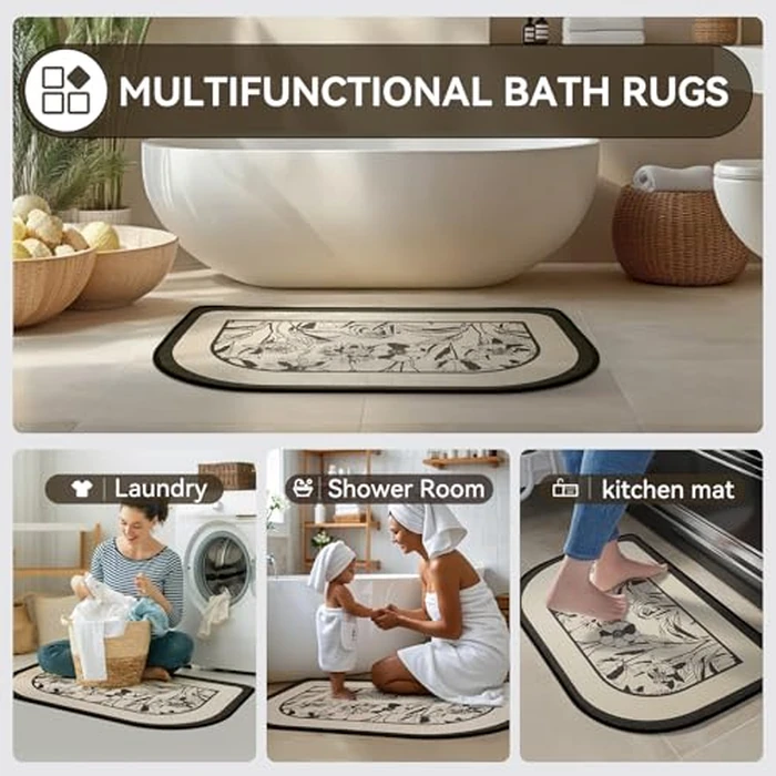 Half Circle Bath Mat, Thin Bathroom Rugs Fit Under Door Quick Dry Non Slip Washable Bathroom Mat with Rubber Backing, Absorbent Half Round Shower Rug, Beige Black 20x31 by YDKGL - Image 7