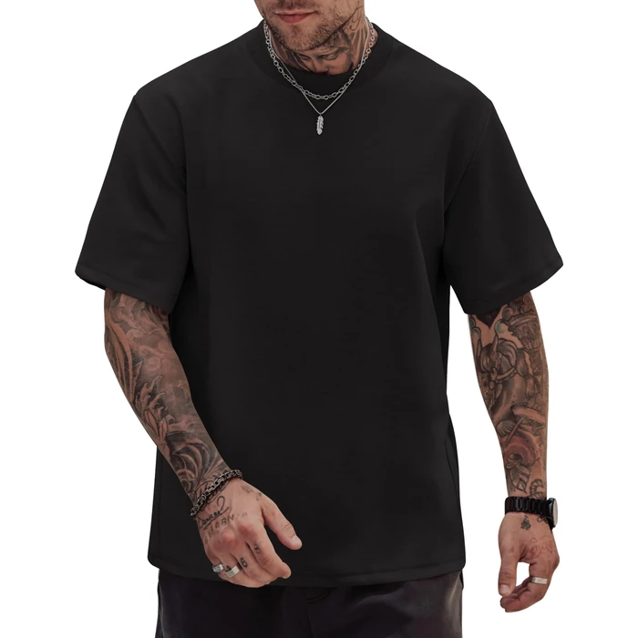 Herberton Men Oversize Tshirt Thick Fall Tee-Shirt Heavyweight Plain Color Round Neck Novelty Gym Stretchy Summer Cool Tee Tops Black M by Herberton - Image 1