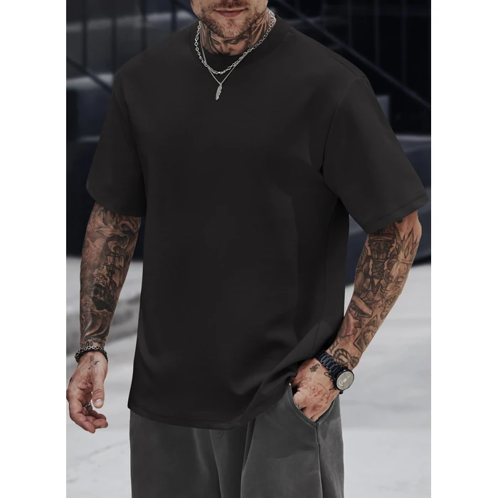 Herberton Men Oversize Tshirt Thick Fall Tee-Shirt Heavyweight Plain Color Round Neck Novelty Gym Stretchy Summer Cool Tee Tops Black M by Herberton - Image 3