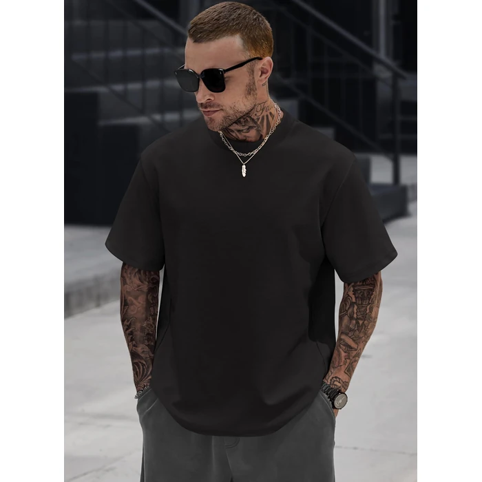 Herberton Men Oversize Tshirt Thick Fall Tee-Shirt Heavyweight Plain Color Round Neck Novelty Gym Stretchy Summer Cool Tee Tops Black M by Herberton - Image 4