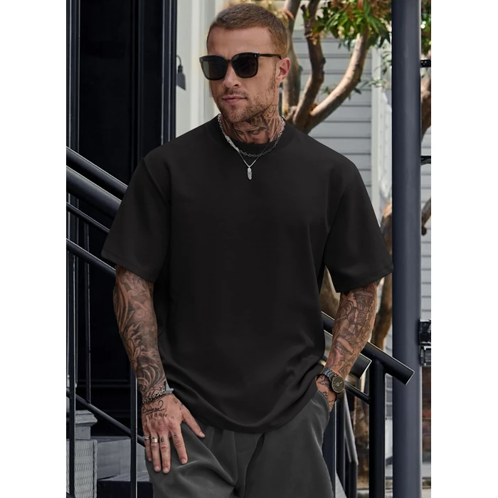 Herberton Men Oversize Tshirt Thick Fall Tee-Shirt Heavyweight Plain Color Round Neck Novelty Gym Stretchy Summer Cool Tee Tops Black M by Herberton - Image 5