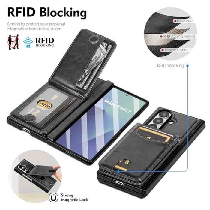 SkyEagle Compatible with Magsafe Detachable Magnetic Samsung Galaxy Z Fold 7 Phone Wallet Case with Card Holder | Built-in Screen Protector | Kickstand | RFID Blocking | PU Leather Cover |Black by SkyEagle - Image 3