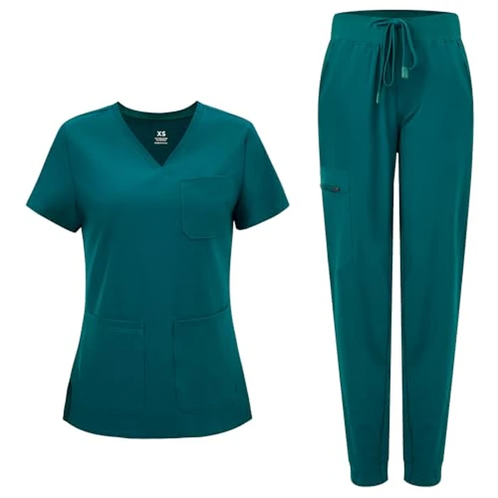 COZYFIT Medical Scrubs for Women Set - Curved V-Neck Scrub Top & Jogger Pants with 8 Pockets - Caribbean Blue, L by COZYFIT - Used - Like New condition - US$21.37