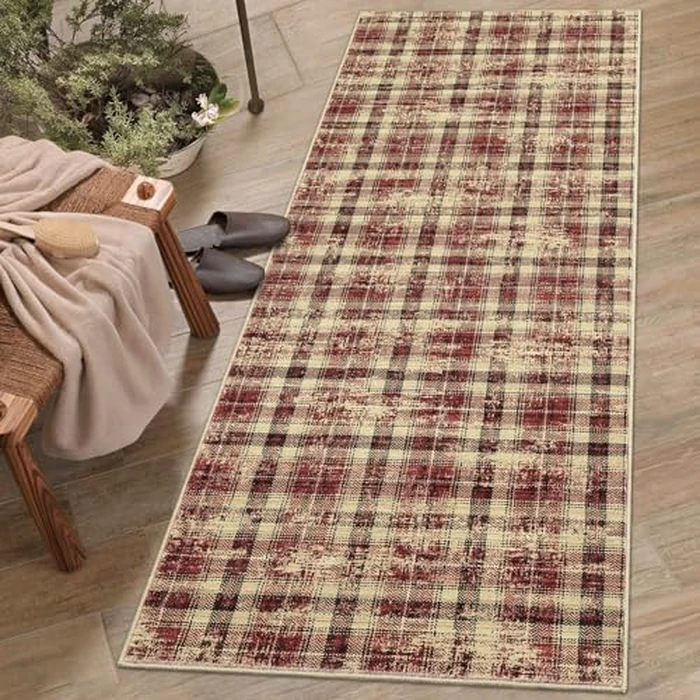 GarveeHome Washable Runners for Hallways 2x6 Rug Modern Non Slip Kitchen Rugs Soft Bedroom Rug Bathroom Rugs Tartan Non Shedding Stain Resistant Carpet for Entryway Laundry Red 2 ft x6 ft by GarveeHome - Used - Very Good condition - CA$21.64