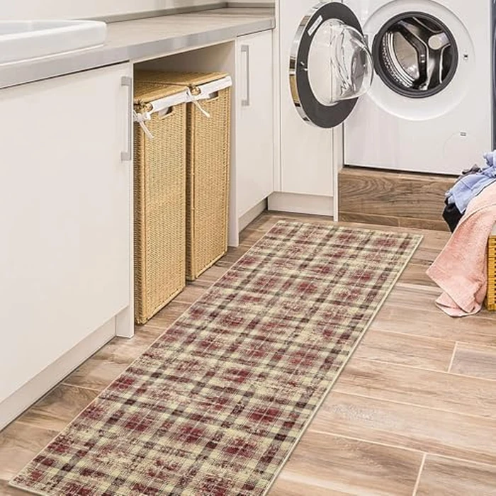 GarveeHome Washable Runners for Hallways 2x6 Rug Modern Non Slip Kitchen Rugs Soft Bedroom Rug Bathroom Rugs Tartan Non Shedding Stain Resistant Carpet for Entryway Laundry Red 2 ft x6 ft by GarveeHome - Image 2