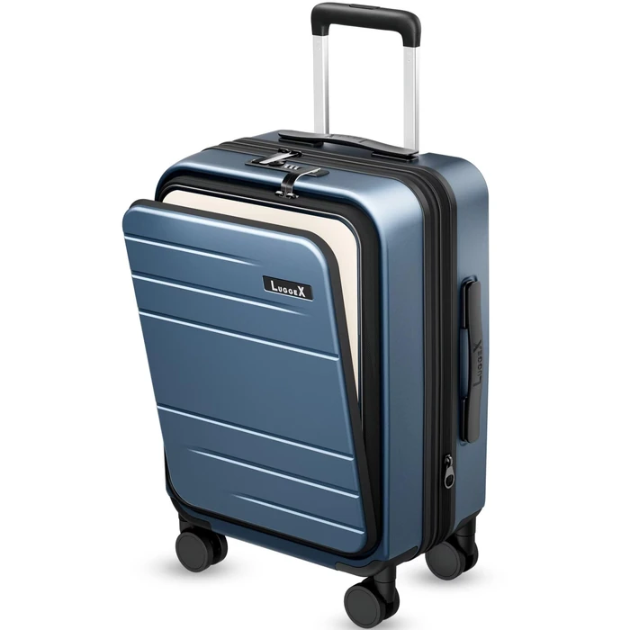 LUGGEX Carry On Luggage 22x14x9 Airline Approved, FLO5 Expandable Polycarbonate Suitcase with Front Pocket (FX-Core, Blue, 20 Inch) by LUGGEX - Image 1