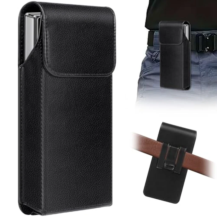 Leather Phone Holster for Samsung Galaxy Z Fold 7/6/5/4/3 Case with Belt Clip for iPhone 16/15/14/13 /12/17 Pro Max & Galaxy S23/S24/S25/S26 Ultra Cover Carrying Pouch Card Holder(V Black) by WATACHE - Used - Like New condition