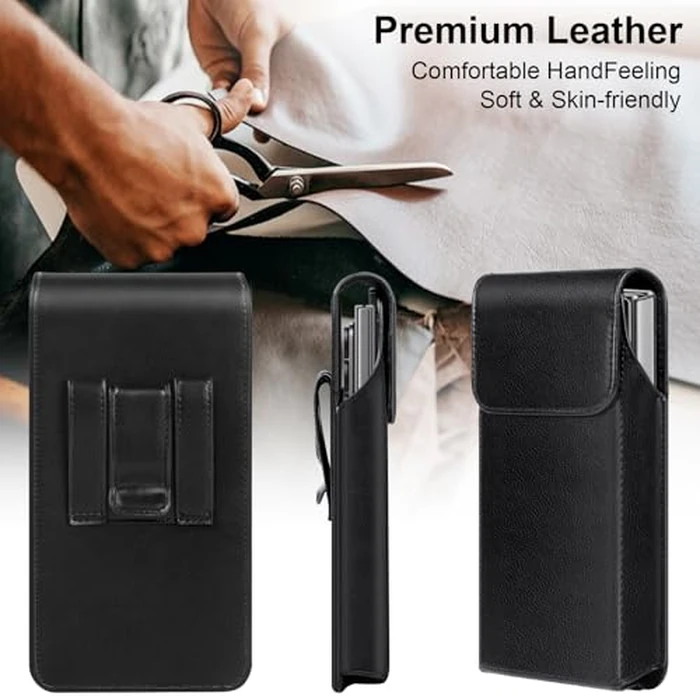Leather Phone Holster for Samsung Galaxy Z Fold 7/6/5/4/3 Case with Belt Clip for iPhone 16/15/14/13 /12/17 Pro Max & Galaxy S23/S24/S25/S26 Ultra Cover Carrying Pouch Card Holder(V Black) by WATACHE - Image 3