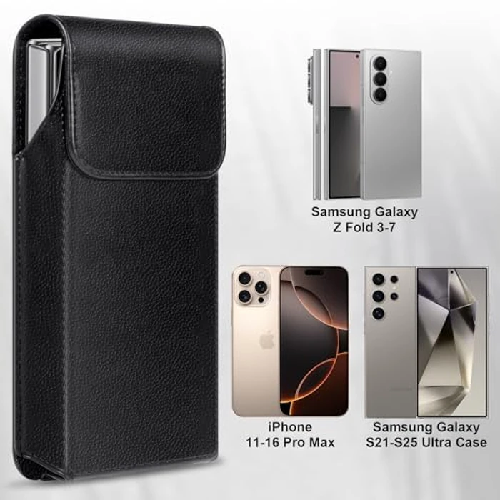 Leather Phone Holster for Samsung Galaxy Z Fold 7/6/5/4/3 Case with Belt Clip for iPhone 16/15/14/13 /12/17 Pro Max & Galaxy S23/S24/S25/S26 Ultra Cover Carrying Pouch Card Holder(V Black) by WATACHE - Image 4