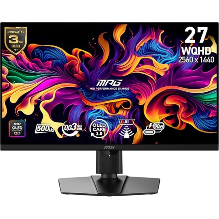 msi MPG 271QR QD-OLED X50 27-Inch WQHD QD-OLED Monitor, 2560 x 1440, 500Hz, 0.03ms, DisplayHDR True Black 500, AMD FreeSync Premium Pro, G-SYNC Compatible, AI Care Sensor, HDMI2.1, DP 2.1, 98W USB-C by msi - Image 1