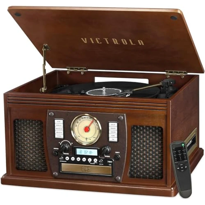 Victrola Navigator 8-in-1 Bluetooth Record Player with Built-in Speakers- 3 Speed Turntable, CD Player, Cassette, FM Radio, USB, RCA Out, Headphone Jack, Wireless Music Streaming, Real Wood (Espresso) by Victrola - Image 1