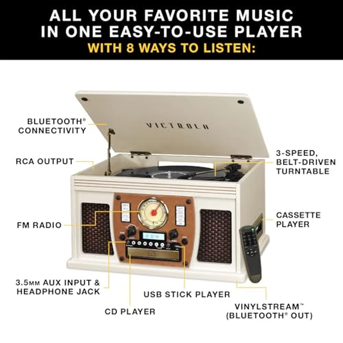 Victrola Navigator 8-in-1 Bluetooth Record Player with Built-in Speakers- 3 Speed Turntable, CD Player, Cassette, FM Radio, USB, RCA Out, Headphone Jack, Wireless Music Streaming, Real Wood (Espresso) by Victrola - Image 2
