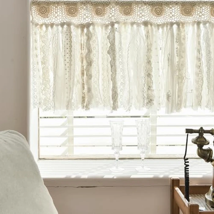 Lace Kitchen Valances for Windows Bohemian Short Hand Crochet Curtains Vintage Doily Cafe Curtains for Bathroom, Living Room Rustic Chic French Country Boho Decor 16" L x 52" W Natural Beige/Cream by YJ YANJUN - Image 1