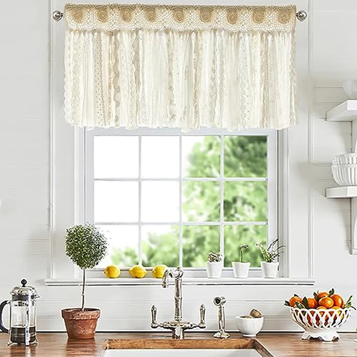 Lace Kitchen Valances for Windows Bohemian Short Hand Crochet Curtains Vintage Doily Cafe Curtains for Bathroom, Living Room Rustic Chic French Country Boho Decor 16" L x 52" W Natural Beige/Cream by YJ YANJUN - Image 3