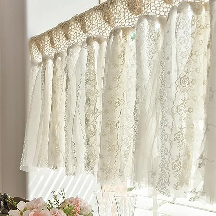 Lace Kitchen Valances for Windows Bohemian Short Hand Crochet Curtains Vintage Doily Cafe Curtains for Bathroom, Living Room Rustic Chic French Country Boho Decor 16" L x 52" W Natural Beige/Cream by YJ YANJUN - Image 4