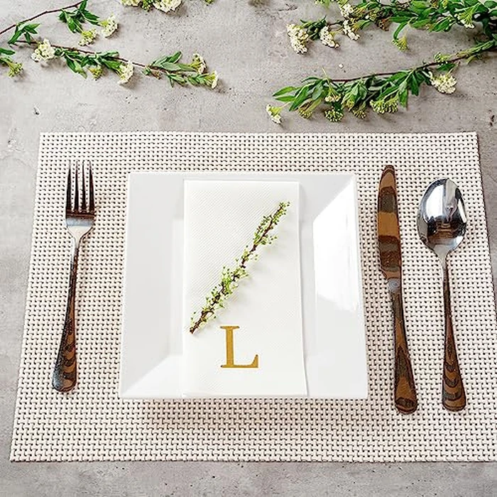 Luxenap 15.8 X 7.9 Inch Linen-Feel Guest Towels, 50 Lettered Hand Towels - Gold Letter 'L', Sans Serif Font, White Paper Dinner Napkins, airlaid, For Restrooms And Tables by Restaurantware - Image 3