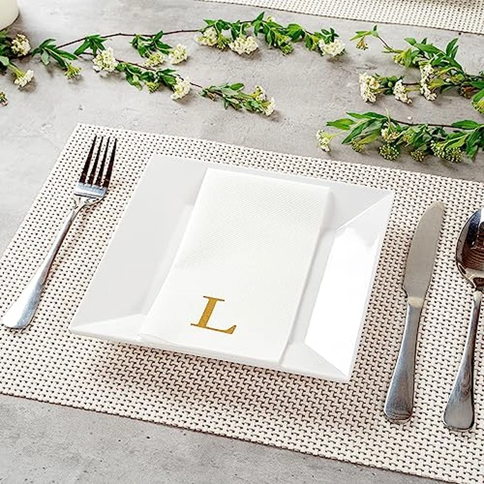 Luxenap 15.8 X 7.9 Inch Linen-Feel Guest Towels, 50 Lettered Hand Towels - Gold Letter 'L', Sans Serif Font, White Paper Dinner Napkins, airlaid, For Restrooms And Tables by Restaurantware - Image 4