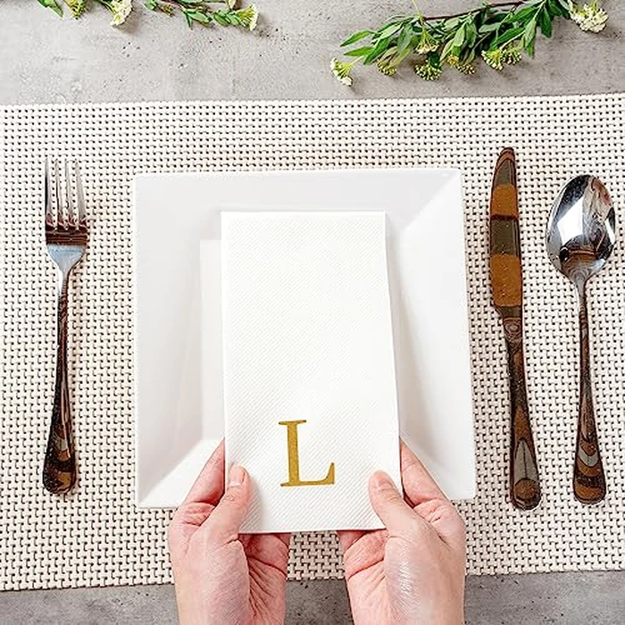 Luxenap 15.8 X 7.9 Inch Linen-Feel Guest Towels, 50 Lettered Hand Towels - Gold Letter 'L', Sans Serif Font, White Paper Dinner Napkins, airlaid, For Restrooms And Tables by Restaurantware - Image 5