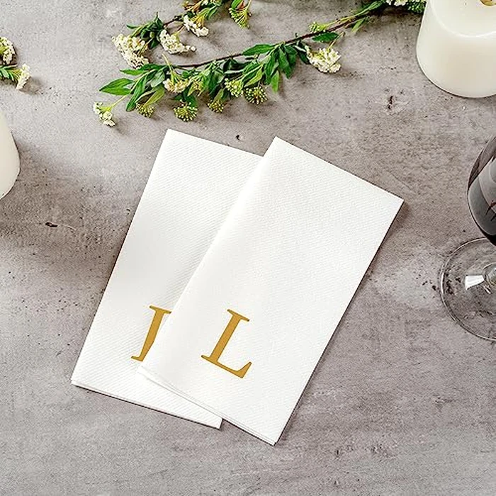 Luxenap 15.8 X 7.9 Inch Linen-Feel Guest Towels, 50 Lettered Hand Towels - Gold Letter 'L', Sans Serif Font, White Paper Dinner Napkins, airlaid, For Restrooms And Tables by Restaurantware - Image 6