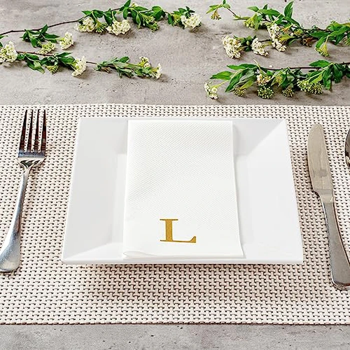 Luxenap 15.8 X 7.9 Inch Linen-Feel Guest Towels, 50 Lettered Hand Towels - Gold Letter 'L', Sans Serif Font, White Paper Dinner Napkins, airlaid, For Restrooms And Tables by Restaurantware - Image 7