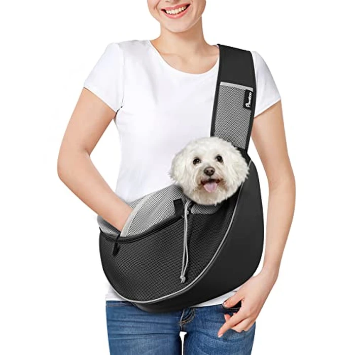 Pawaboo Pet Dog Sling Carrier, Hand Free Breathable Mesh Puppy Carrier, Dog Papoose with Zipper Touch Pocket and Adjustable Strap, Crossbody Satchel Dogs Purse for Outdoor, L, Black by Pawaboo - Used - Like New condition - US$22.32