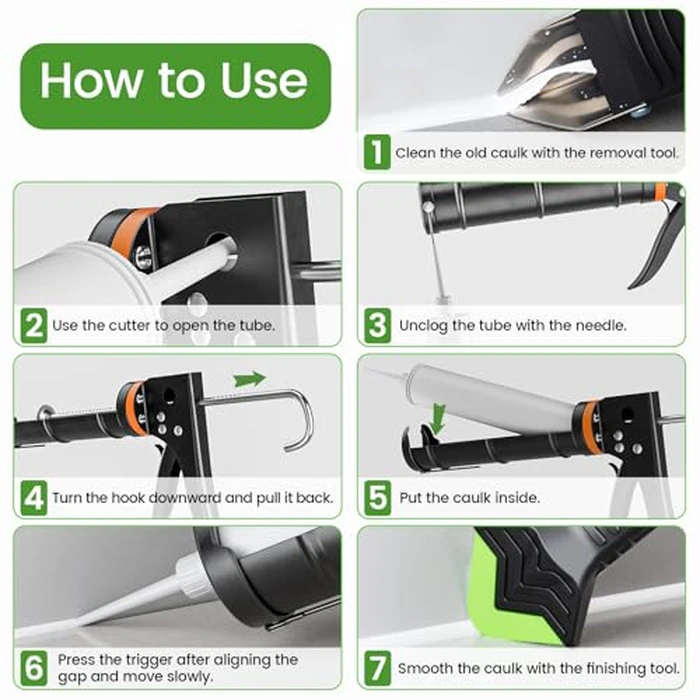 Professional Caulk Gun Kit with Caulk Remover Tool & Putty Knife - 5 in 1 Caulking Tool Set for Caulking Removal, Shower & Bathroom Caulk, Includes Caulking Gun Tool, Caulk Scraper Tool Spackle Knife by Goopreen - Image 8