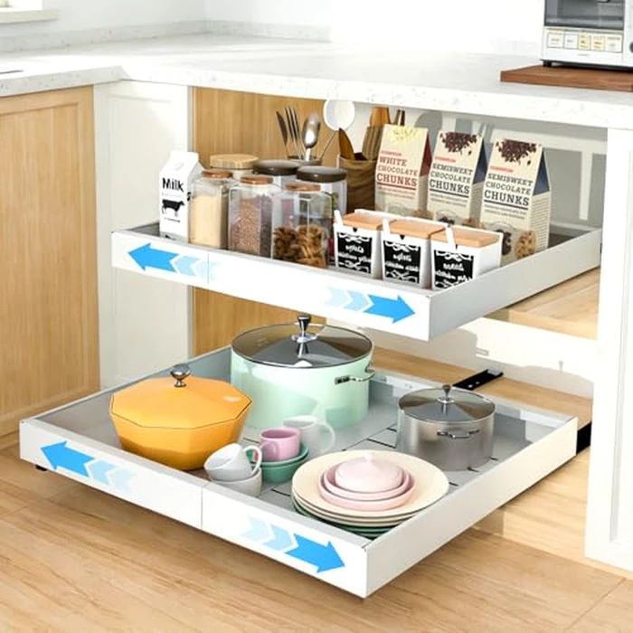 Stnopw Pull Out Cabinet Organizer Expandable,16.5"Deep With Nano Film Adhesive,Upgrade 3 Slide Rails Slide Out Drawers,Roll Out Shelves for Kitchen.Adjustable Width 12"-20" (16.5"D x 12.5"-20.4"W) by Stnopw - Used - Acceptable condition - CA$27.27