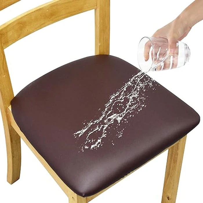 Leather Stretch Chair Seat Covers with Elastic Ties,Waterproof Dining Room PU Leather Chair Cover Seats,Removable Washable Chair Protector Seat Cushion Slipcovers for Home,Kitchen (Coffee, 4 PCS) by Eeaivnm - Image 1