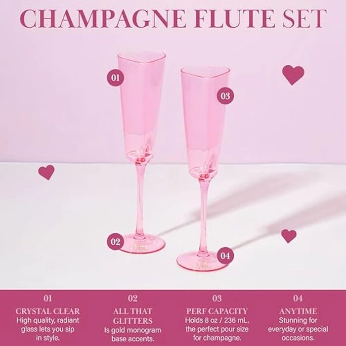 Paris Hilton Heart Shaped Champagne Flute Gift Set, Elegant Handmade Glassware Set, Perfect for Celebrations, Weddings or any Special Occasion, 2-Piece Set, 5.5-Ounce, Pink by Paris Hilton - Image 3