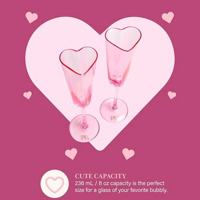 Paris Hilton Heart Shaped Champagne Flute Gift Set, Elegant Handmade Glassware Set, Perfect for Celebrations, Weddings or any Special Occasion, 2-Piece Set, 5.5-Ounce, Pink by Paris Hilton - Image 4
